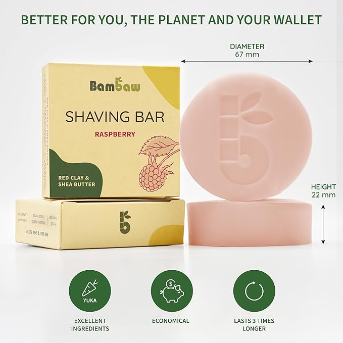 Bambaw Women Shaving Soap 2.5 oz, Red Clay & Shea Butter Shave Soap Puck, Eco & Vegan Shaving Soap, Exfoliating Shaving Bar, Raspberry Shave Bar