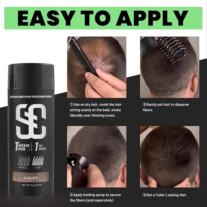 SOVONCARE Hair Fibers for Thinning Hair Auburn, Hair Building Fibers for Bald Spots Undetectable & Natural, Conceals Hair Loss Fill In Fine, Hair Powder Hair Thicker Instantly for Women & Men 28g