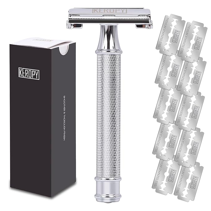 Safety Razor for Men, Premium Stainless Steel Butterfly Open Comb DE Razor, Weighted Heavy Handle with 10 Double Edge Blades, Mirror Polished Silver - Luxury Gift Set for Dad, Groom