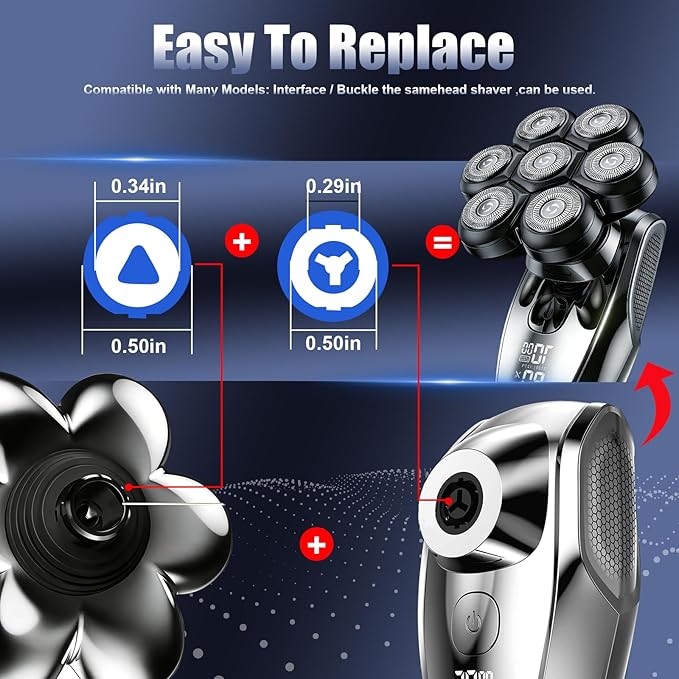 7 Head Floating Shaver Replacement Heads for Freebird Head Shaver for Bald Men, Universal Magnetic 7D Head Shavers for SHPAVVER/Wyklaus/Cyruzi Shaver Head,Black/1Pack