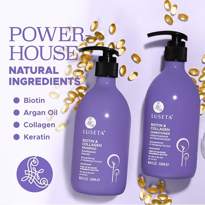 Luseta Biotin Shampoo and Conditioner for Hair - Thickening Shampoo for Thinning Hair- Infused with Argan Oil to Damaged Dry Hair - Sulfate Free Paraben Free-2 x 16.9 fl oz