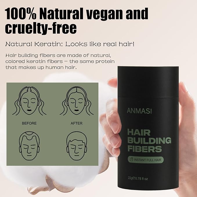 Black Hiar Building Fiber 22g, Hair Fibers for Thinning Hair, Fill In Fine or Thinning Hair Instantly Thicker Fuller Look, Hair Fibers Black for Men & Women