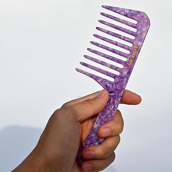 D1 | Wide Tooth Handle comb for Curly Hair| Elevates, Preserves Curl, Smooths hair Acetate comb(Shiny purple)