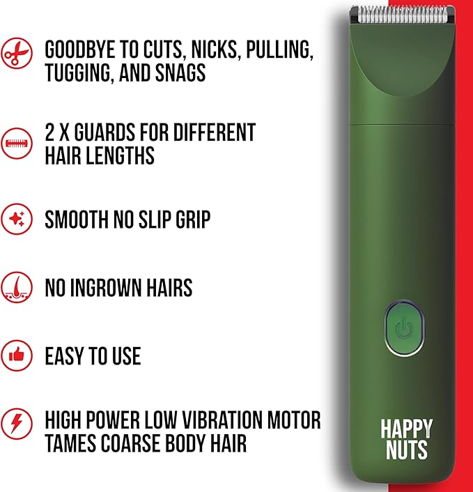 HAPPY NUTS Lumberjack 2.0 Men's Electric Body & Groin Hair Trimmer - Waterproof, Rechargeable Manscaping Kit with Foil Shaver - Ultra-Quiet Motor for Efficient Grooming (Green)