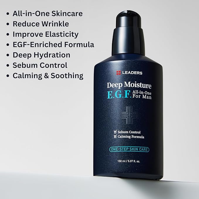 LEADERS Deep Moisture EGF All-in-One Essence for Men, One-Step Facial Skincare, Deep Hydration, Smooth & Anti-Wrinkle Care, Calming Formula with Sebum Control & Skin Barrier Strengthening, 150 ml