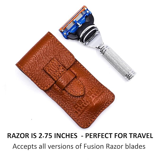 Parker Travel Fusion Safety Razor – Compact 2.75″ Fusion-Style Razor with Luxurious Saddle-Leather Sheath & 1 Gillette Fusion Blade, Pocket-Friendly & Durable Design