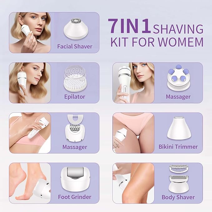 7-in-1 Bikini Trimmer for Women - Painless Electric Razors for Silk Skin, Body Hair Trimmer for Face Legs Underarms, Waterproof Wet & Dry Rechargeable Lady Shaver with USB Dock, IPX7, White