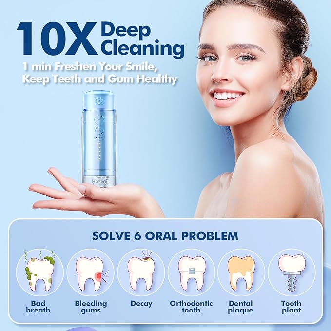 Bezvoi Water Flosser Mini Cordless Portable: 5 Modes Travel Water Dental Floss with Telescopic Water Tank, IPX7 Waterproof Oral Irrigator for Teeth Cleaning Gums,Orthodontic,Braces Care (Sky Blue)