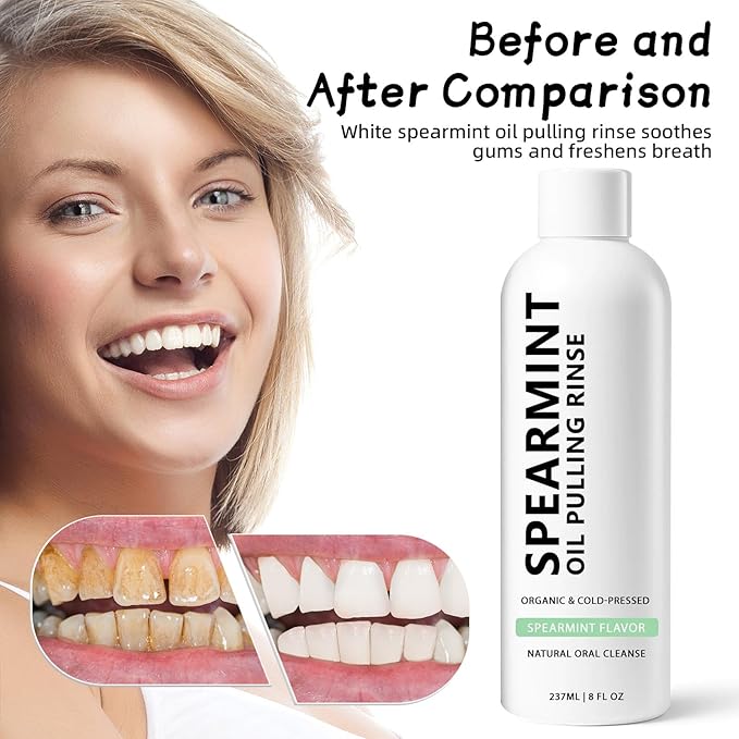White Spearmint Oil Pulling Rinse, Cold-Pressed Coconut Mouthwash for Teeth Whitening, Powerful Organic Peppermint Oil Maintain Gum Health & Freshness Breath