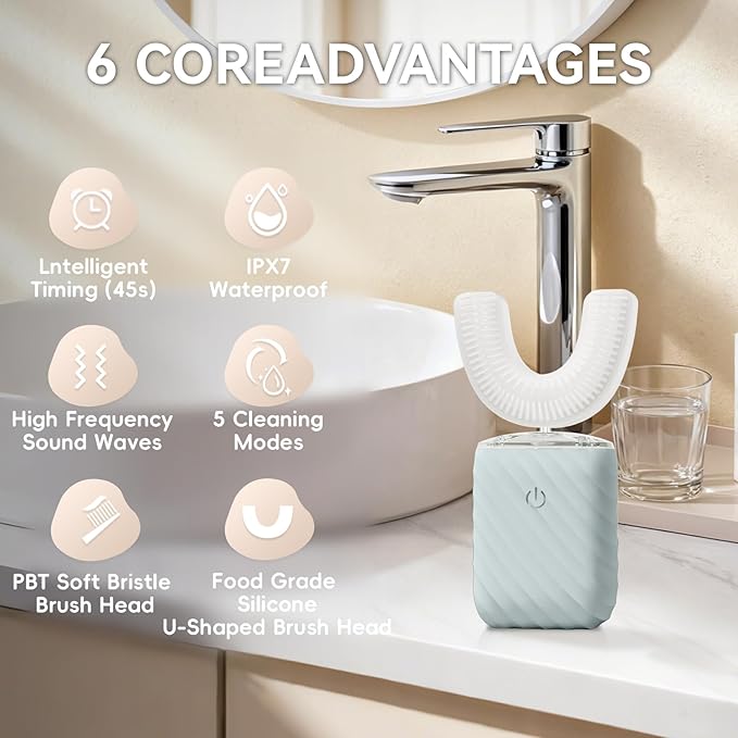 Ultrasonic Automatic Electric Toothbrush for Adults- U Shaped self Brushing Toothbrush, 360° Mouth Cleaning, 5 Modes for Whitening, IPX7 Waterproof Rechargeable (Light Blue)