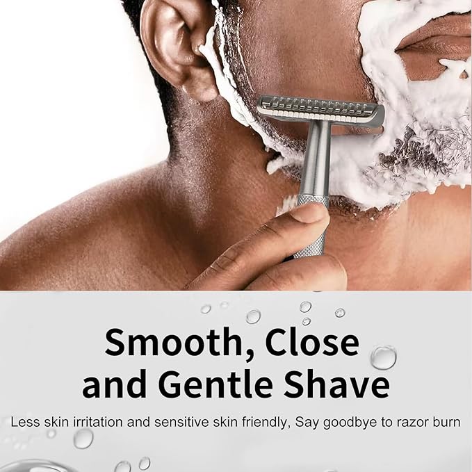 Double Edge Safety Razor with 10 Blades and Stand, Single Blade Razors for Men and Women, Long and Heavy Duty Stainless Steel Handle, Smooth Close Gentle Shave, Silver