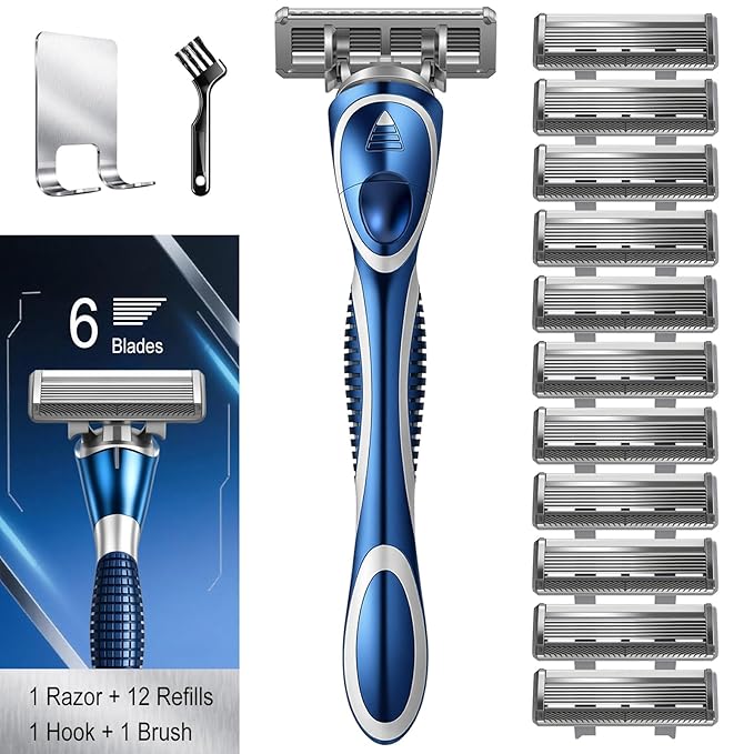 6-Blade Manual Razor for Men with Lubricating Strip, 1 Ergonomic Non-Slip Handle Includes 12pack Razor Blade Refill Cartridges, with Hanging Hook & Cleaning Brush, Full Washable Design