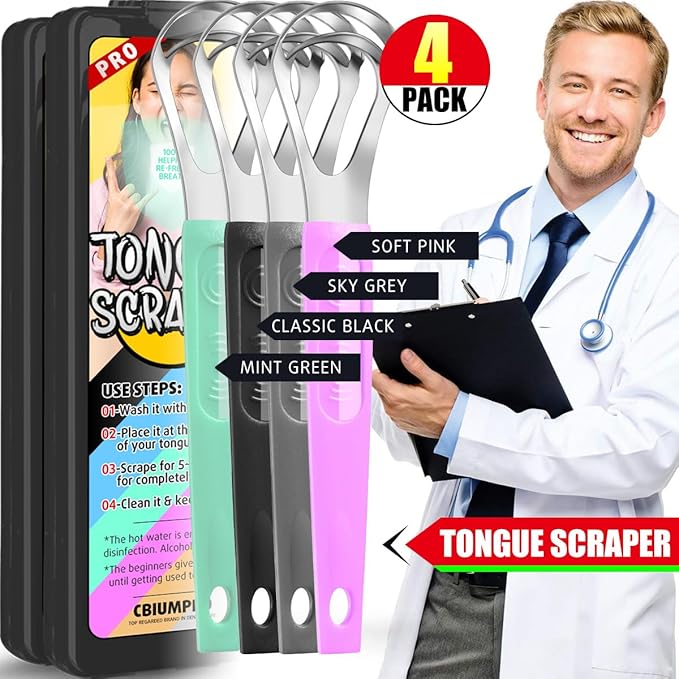 Cbiumpro 4-Pack Tongue Scraper for Kids & Adults, Stainless Steel Tongue Cleaner with Travel Case, Reduce Bad Breath