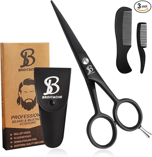 Beard & Mustache Scissors for Men 5”, 2 comb & Beautiful Travel Pouch, Hand forged with Bevel edge For precision, Extremely Sharp Scissor, Trimming scissors