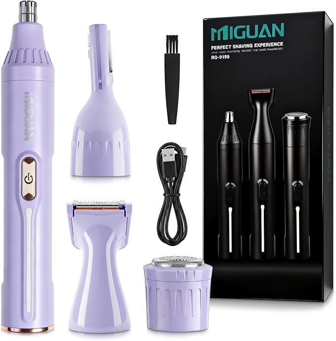 Rechargeable Nose Hair Trimmer - 4-in-1 Ear Eyebrow Beard Grooming Kit for Men & Women, Waterproof Quiet Motor, Type-C Fast Charging, Portable Travel Size Nose Trimmer Beard Trimmer (Purple)