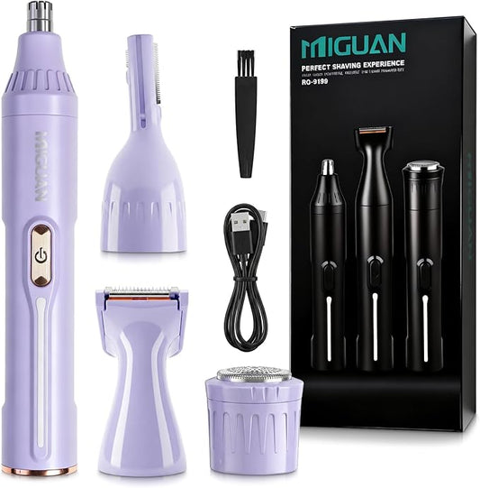 Rechargeable Nose Hair Trimmer - 4-in-1 Ear Eyebrow Beard Grooming Kit for Men & Women, Waterproof Quiet Motor, Type-C Fast Charging, Portable Travel Size Nose Trimmer Beard Trimmer (Purple)