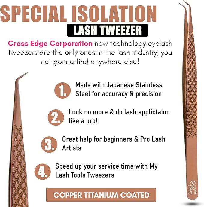 My Lash Tools Eyelash Extension Curved Degree Tweezers for Isolation Lash Extensions 14cm, Best for Individual Isolation & Classic Lashes Japanese Stainless Steel Eyelash Twisers (Copper x)
