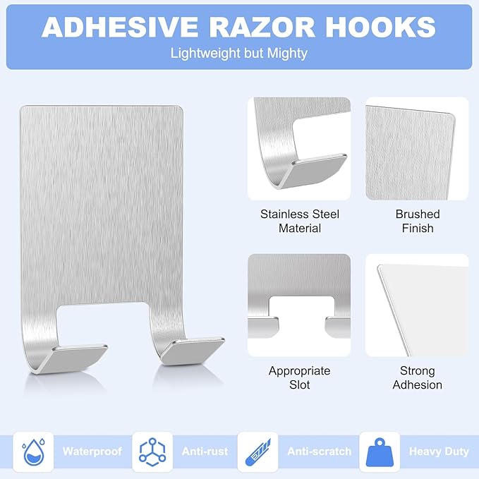 VIS'V Adhesive Razor Holder, Wall Mount Shower Razor Hooks for His and Hers, Metal, Waterproof, Silver, 2 Pcs
