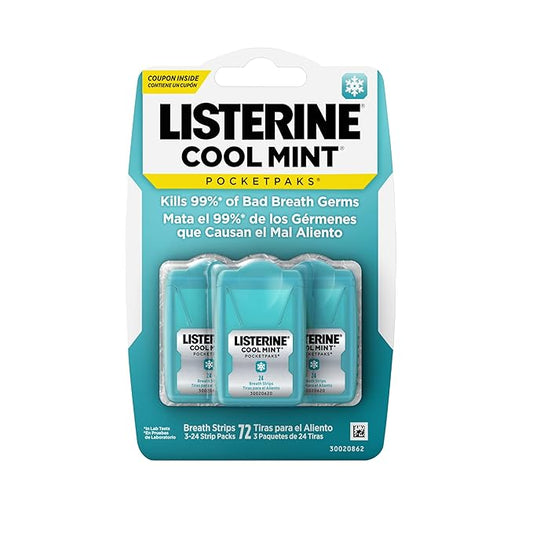 Listerine Cool Mint PocketPaks Portable Breath Strips for Bad Breath, Fresh Breath Strips to Kill 99% of Bad Breath Germs* On-The-Go, Cool Mint Flavor, 72 Per Pack (3x24) - (Pack of 6)