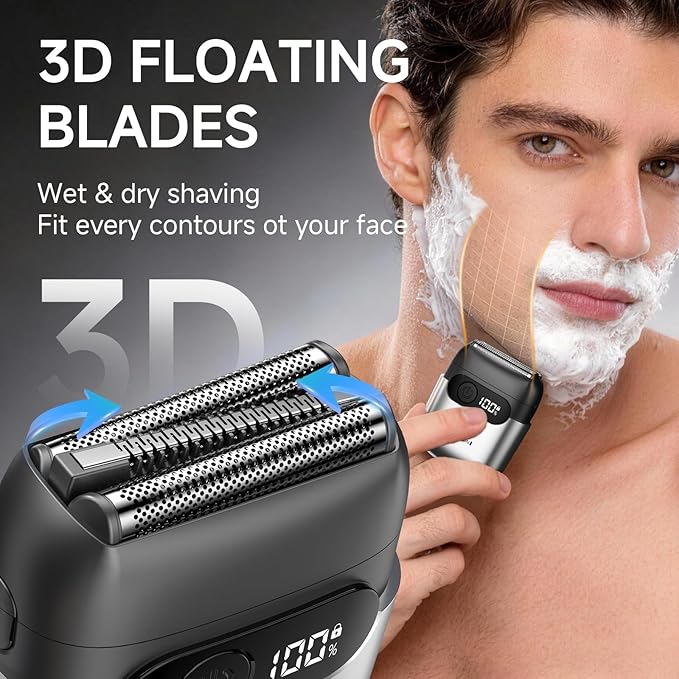 Electric Foil Shavers for Men,Mini Electric Razor with Storage Bag,3 Floating Blades,Portable mini Shaver,IPX7 Waterproof,Wet Dry Face Razor,USB-C (Silver)