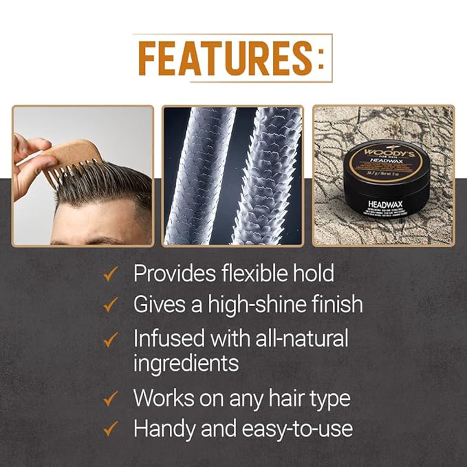 Woody's Headwax Hair Styling Pomade for Men, Natural Beeswax, High Shine, Flexible Hold, Non-Sticky, Moldable Men’s Hair Wax For All Hair Types, 2 oz (2-Pack)