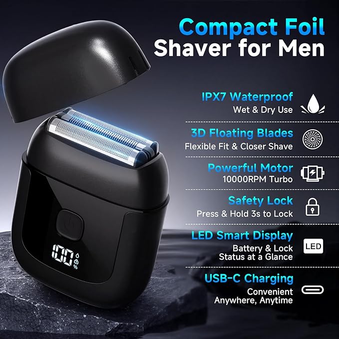 Electric Foil Shavers for Men: Mini Electric Razor with 3 Floating Blades, IPX7 Waterproof Foil Shaver, USB-C Rechargeable Shavers for Men with Travel Lock, Compact Grooming Gift for Home & Travel