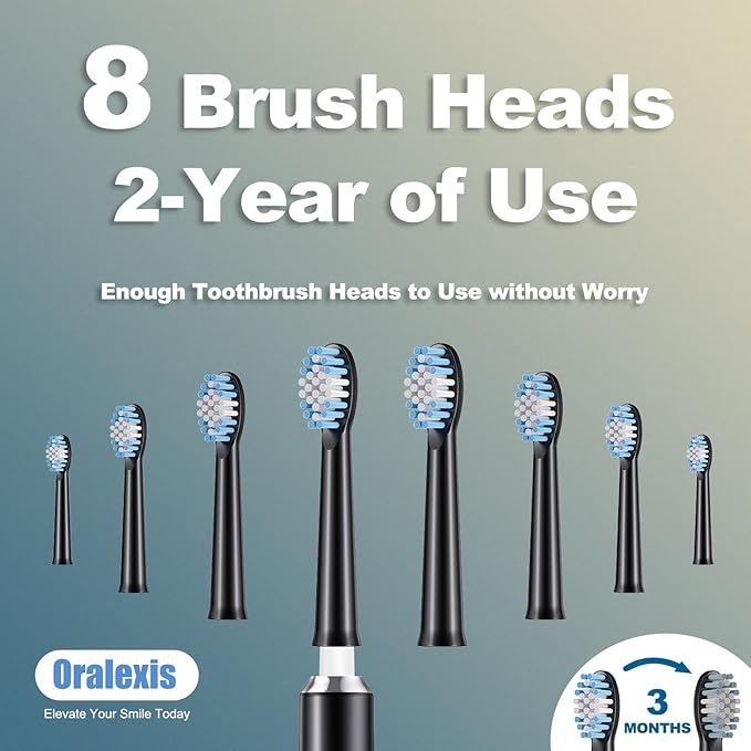 Electric Toothbrush for Adults and Kids, with 8 Brush Heads and Tongue Scraper, 2 Minute Smart Timer, One Fast Charge Last 120 Days, 40000 VPM Deep Clean, Sonic Travel Toothbrush - Black