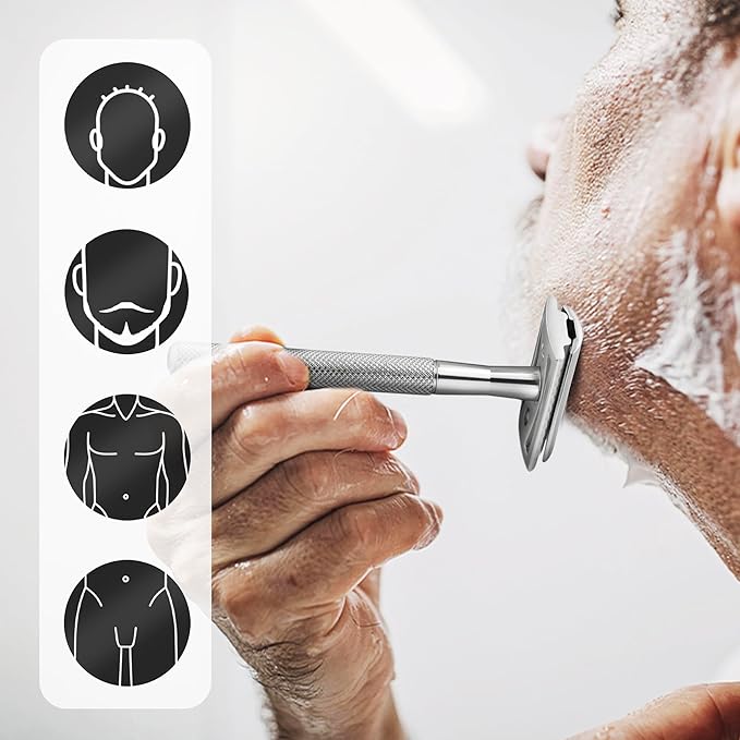 ZOMCHI Double Edge Safety Razor for Men with Stand, Reusable Metal Razor with 10 Double Edge Blades, Single Blade Razors for Men & Women – Silver
