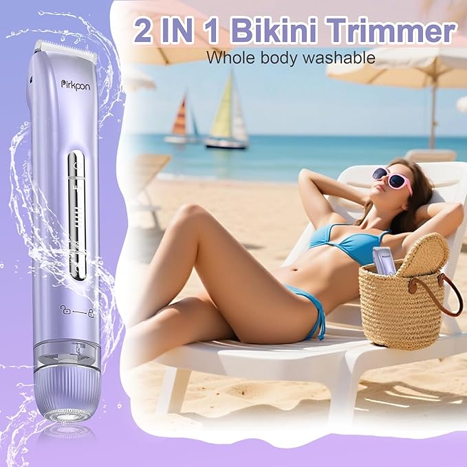 Bikini Trimmer for Women, Painless Electric Shaver with 2 in 1 Dual Head, Waterproof Wet & Dry Pubic Hair Remover, Rechargeable Bikini Razors for Face Body Underarm,Easy Cleaning & Travel-Friendly