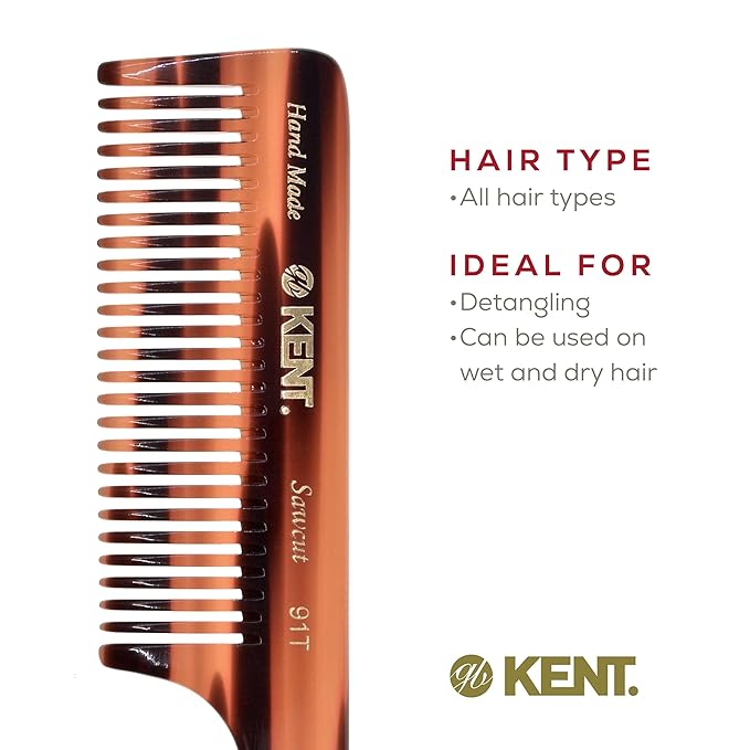 Kent 91T Wide Tooth Detangler Hair Comb for Women and Men - for Curly and Wavy Hair - Wet Hair Comb, Large Handle Wide Tooth Shower Comb for Effective Detangling, Saw-Cut Hand Polished made in England