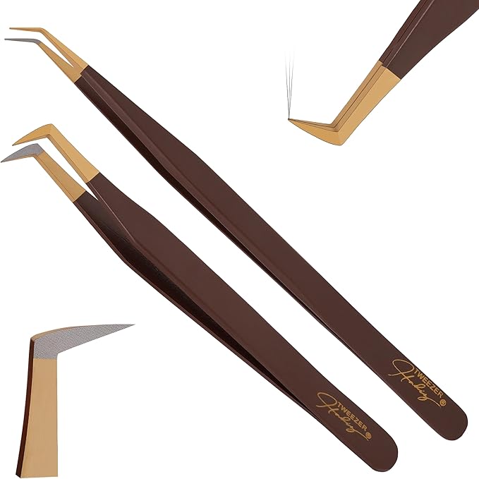 HADIZ Professional Eyelash Extension Tweezers Japanese Stainless Steel 45° & 90° Lash Tweezer for Precision Beauty Tools(Brown & Gold)
