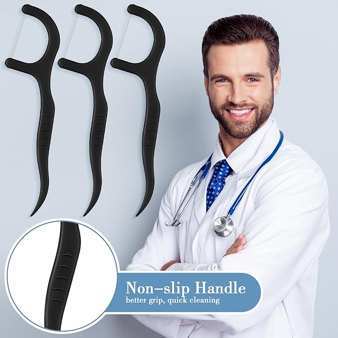 Baderke 200 Count Floss Picks Bulk Non Breakable Tooth Picks Flosser Dental Floss Sticks for Adults Teeth Cleaning Dental Flossers for Family Pack Travel (Black)