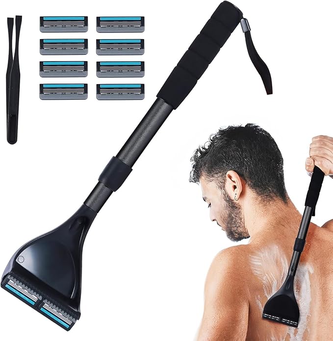 Retractable Long Handle Back Shaver Razor Refills, 8ct | 3 Blade Razor for Men, Shaving Blades, 8 Refills（Not include Back Hair Trimmer）