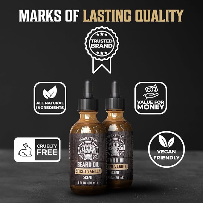 Viking Revolution Beard Oil for Men - All Natural Beard Oil Spiced Vanilla Scent with Argan Oil & Jojoba Oil Beard Conditioner and Softener - Strengthens Beards and Mustaches for Men (2 Pack)
