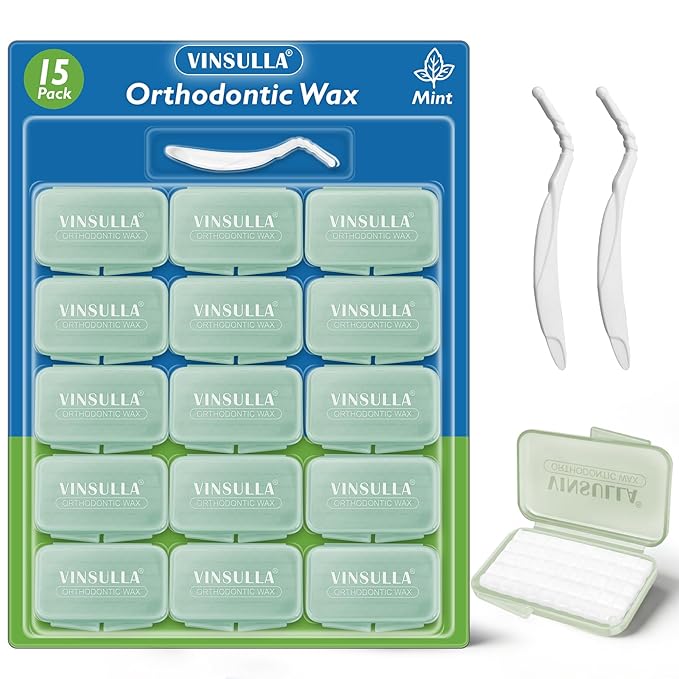 VINSULLA Orthodontic Wax for Braces - 750 Precut Dental Wax Dots Braces Wax Strips,Safe for Kids & Adults,Wax for Dental Brackets & Aligners 15Pack