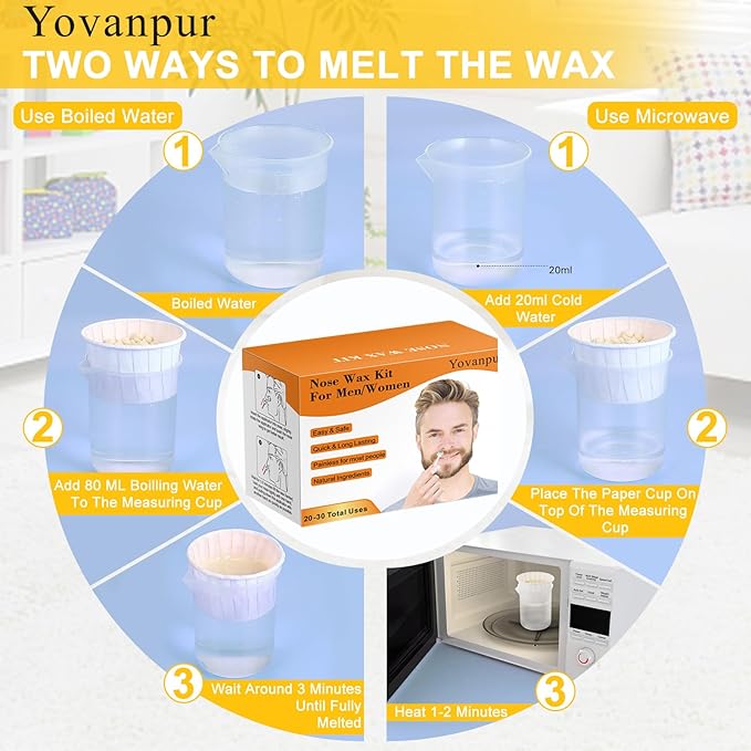 120g Nose Wax Kit for Men Women, Yovanpur Nose Hair Waxing Kit with More Nose Hair Wax Beads (20-30 USES), 30 Applicator, 15 Mustache Protector, 15 Paper Cups, 1 Measuring Cup - Easy and Quick