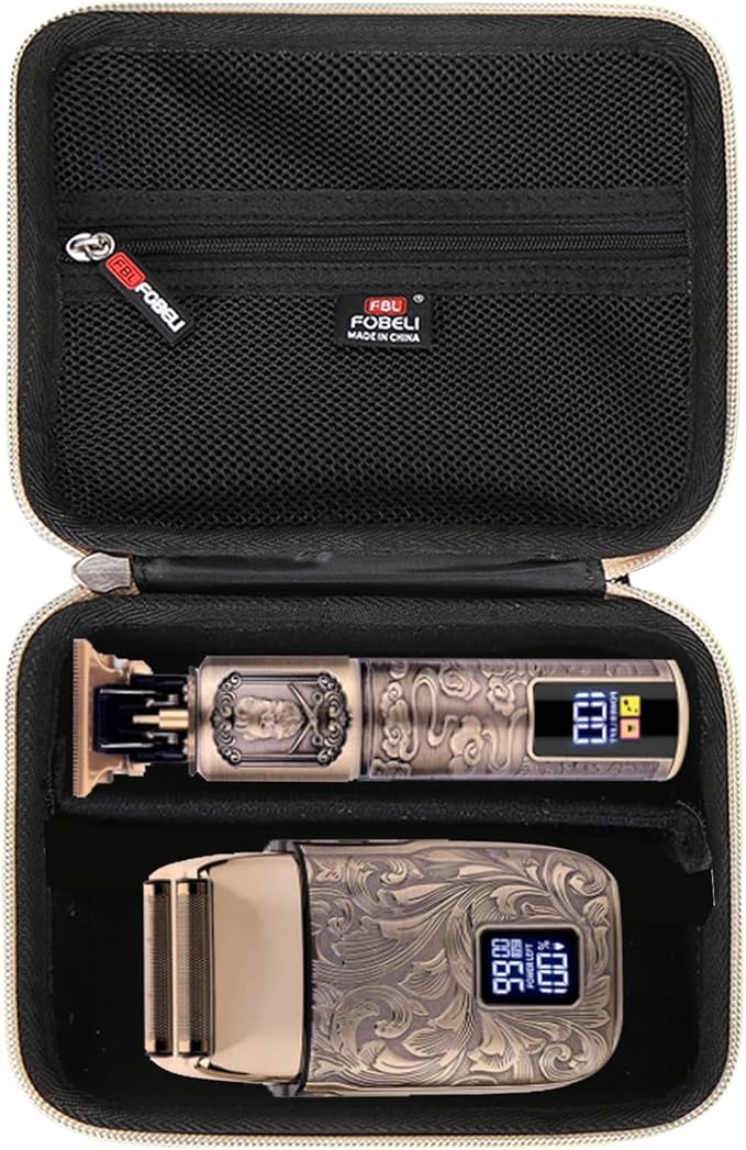 FBLFOBELI Hard Storage Case for Ufree/for Hatteker/for Brightup FK-8788T/ for Wahl 9916-817V Electric Razor Foil Shavers, Hair Beard Trimmer Grooming Shaving Kit Holder (Black+Gold Zipper)