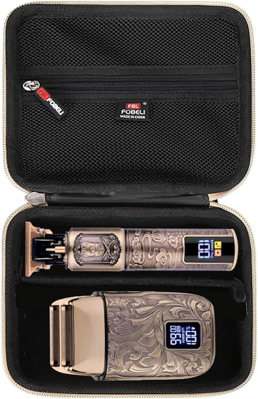 FBLFOBELI Hard Storage Case for Ufree/for Hatteker/for Brightup FK-8788T/ for Wahl 9916-817V Electric Razor Foil Shavers, Hair Beard Trimmer Grooming Shaving Kit Holder (Black+Gold Zipper)