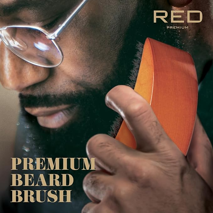 Red by Kiss Beard Brush with 100% Natural Boar Bristles for Men, Premium Wooden Brush, Beards Mustaches Grooming Shaving Comb, Tame and Soften Facial Hair (Moon Shape)