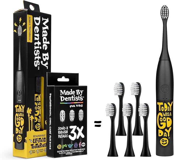 Made by Dentists Sonic X Electric Toothbrush – Rechargeable Kids Sonic Toothbrush, 8X Plaque Removal, 2 Speed Modes, 2-Minute Time, 6 Brush Heads Included, Tweens Ages 7+, Today was A Good Day Edition