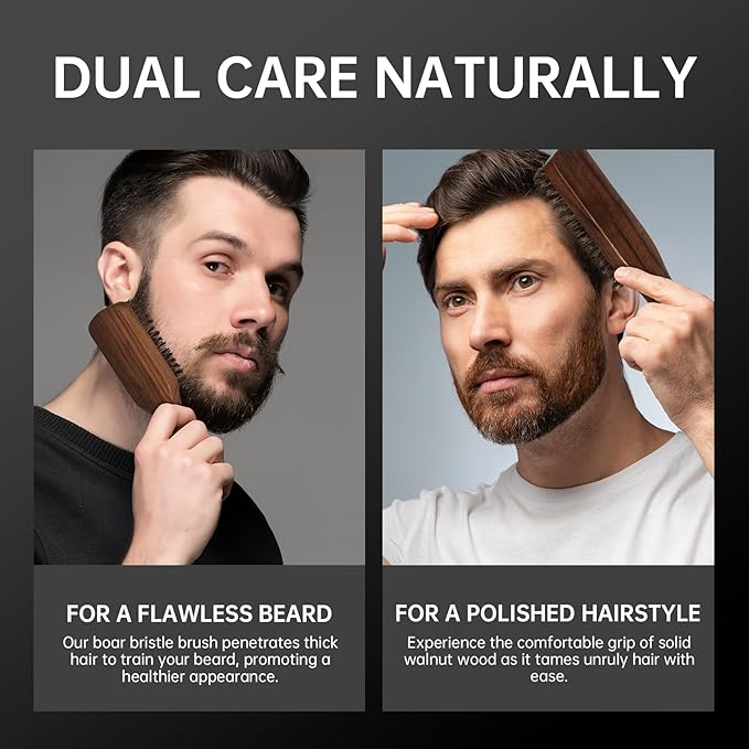 Boar Bristle Beard Brush for Men - Wooden Mustache Brush and Slick Back Hair Brush with Small Metal Beard Comb, Perfect for Home and Travel Use - Major