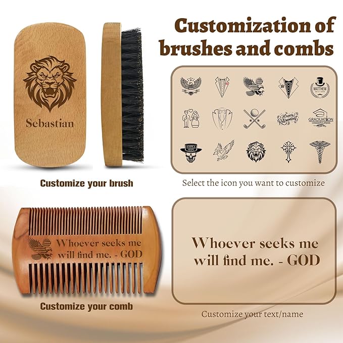 Personalized Beard Brush for Men & Beard Comb Set Natural Boar Bristle Brush and Dual Action Pear Wood Comb with Custom Name Text Icon Gift for Dad Groomsmen Boyfriend (beard comb and brush)