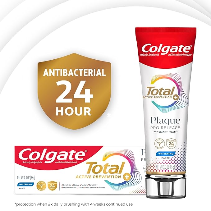 Colgate Total Plaque Pro Release Whitening Toothpaste Pack, Whitening Fluoride Toothpaste, Fights Plaque, Bad Breath, Tartar Buildup, and Helps Protect Teeth from Sensitivity, 2 Pack, 3.0 oz