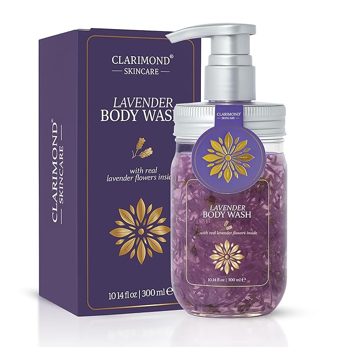 Lavender Body Wash – Sulfate Free Hydrating Shower Gel with Aloe Vera & Real Lavender Petals, Moisturizing Body Wash for Sensitive & Dry Skin, Calming Aromatherapy Cleanser, 10.14 fl oz Pump