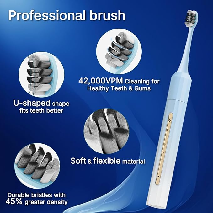 Sonic Electric Toothbrush for Adults & Kids - 10 Brush Heads, 90-Day Battery, 5 Modes, 2-Min Timer, IPX8 Waterproof, Rechargeable & Travel-Friendly (Blue White)