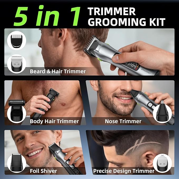 Beard Trimmer for Men, 15 Pieces Mens Grooming Kit, 5 in 1 Stainless Steel Blade Cordless Hair Clippers, 150-Min Long Runtime, IPX7 Waterproof, 3 Speeds Body Hair Trimmer for Nose, Ear, Face, Chest
