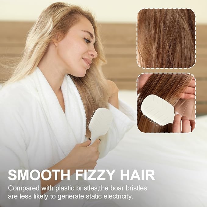 Mini Boar Bristles Hair Bursh, Travel Size Hair Brush for Women Men Kids, Protable Small Hair Brushes for Pockets Purses, Mini Hair Brush for Smooth Add Shine (White)