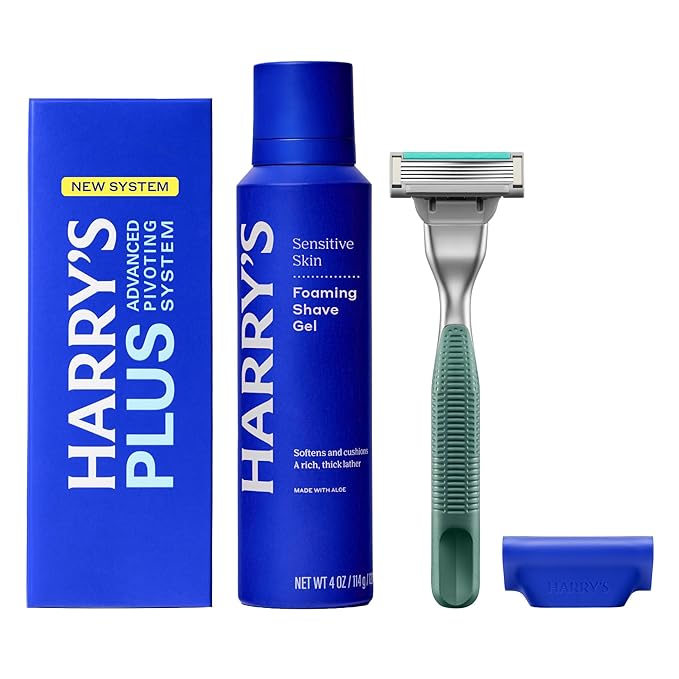 Harry's Plus Shaving Kit for Men - Premium Handle, Razor Blade Cartridge, Foaming Shave Gel, and Travel Blade Cover - Advanced Pivoting System - Moss
