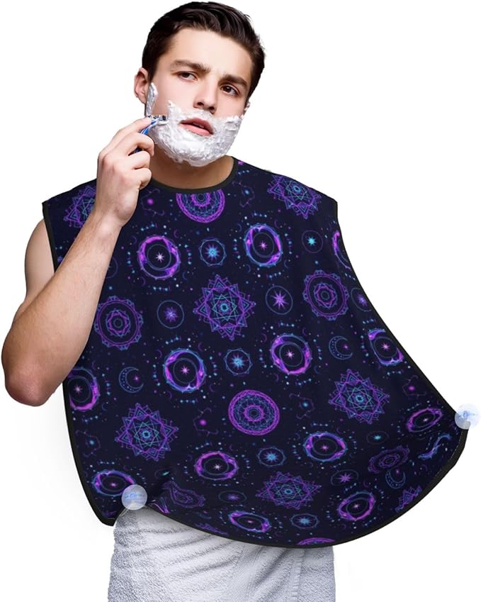 Professional Beard Bib, Non-Stick Hair Catcher Apron Waterproof, Shaving Grooming Essential for Men Dad, Sacred Geometric Symbols Sun Moon Trippy Purple Shave Bib