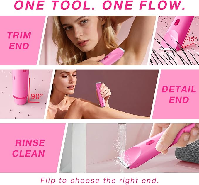Bikini Trimmer for Women, Dual-Ended Electric Razor Personal Shaver for Bikini Line & Pubic Hair, Waterproof USB-C Rechargeable Body & Face Trimmer for Underarms & Legs (Hot Pink)